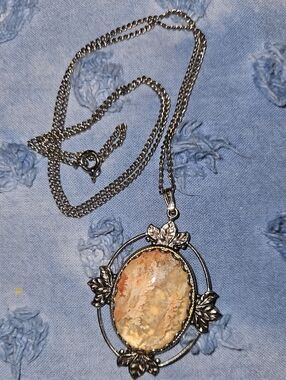 Silver Tone Floral Frame Pendant Necklace with Beige-Orange Stone